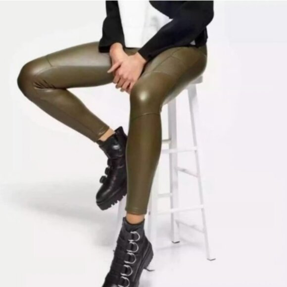 TOPSHOP Women's Faux Leather Olive Green Leggins Size 12 - Picture 2 of 5